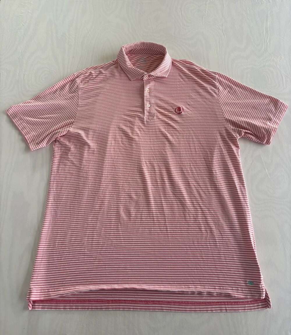 Peter Millar Pink and White Striped Short Sleeve Polo Shirt Men's Size L